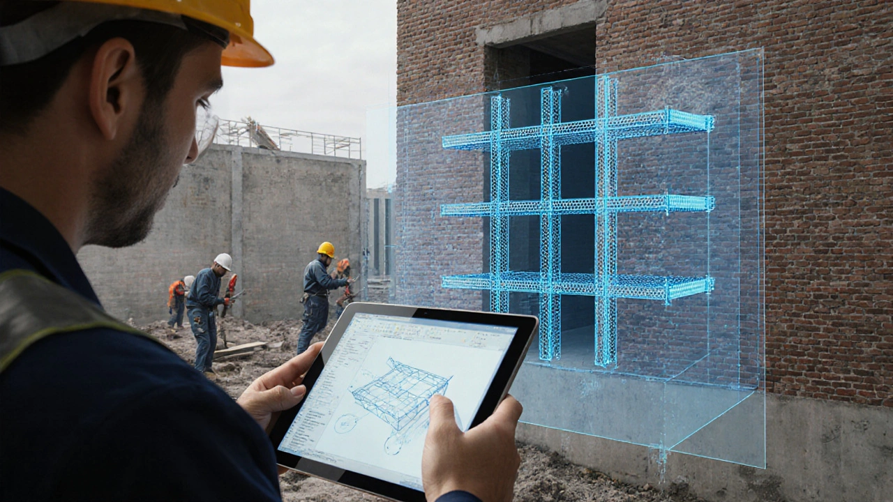 Ingenieur analysiert digitales 3D-Modell eines alten Gebäudes mit Carbonfaserverstärkung.