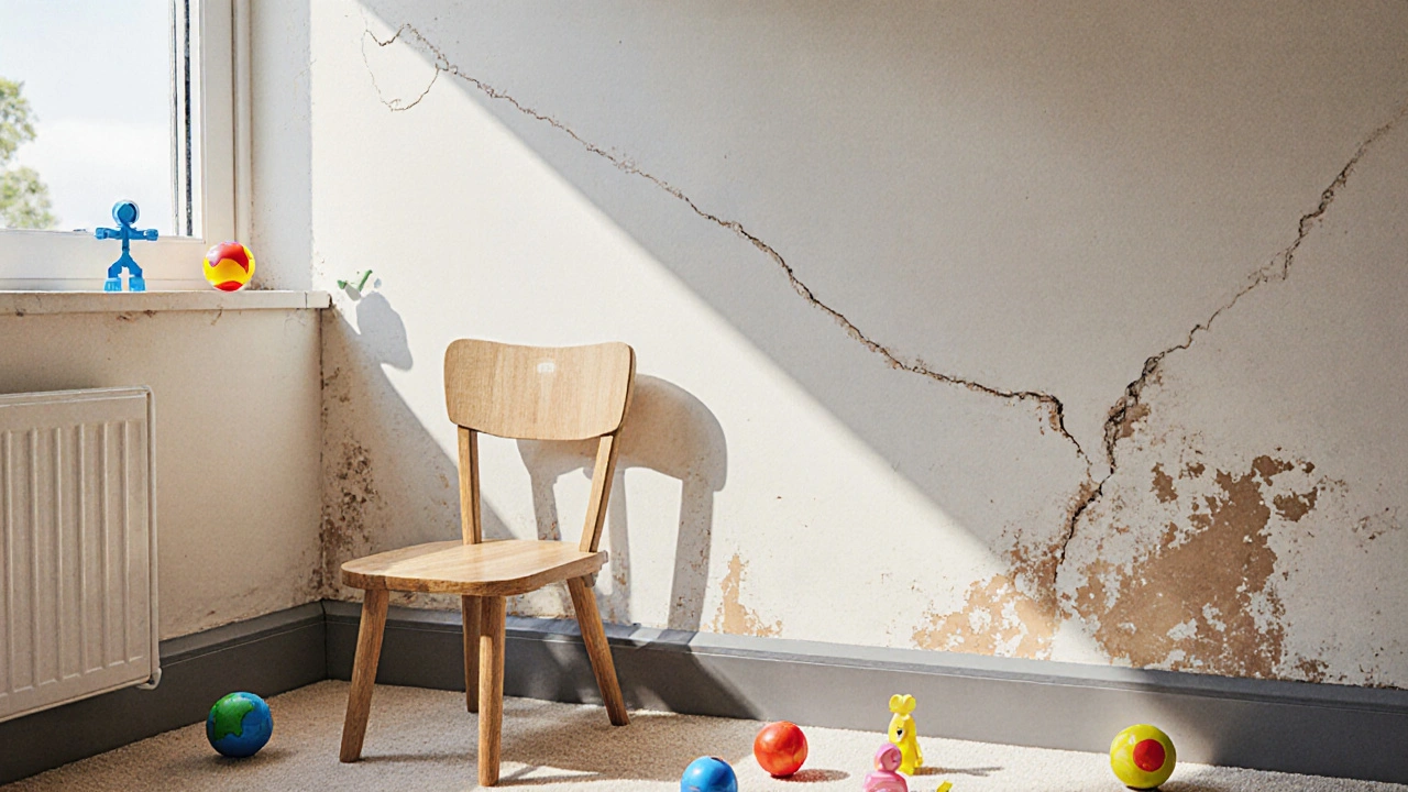 Kinderzimmer mit Stuhl, der gegen einen stoßfesten Wandschutz prallt, während die umliegende Wand abgekratzt ist.