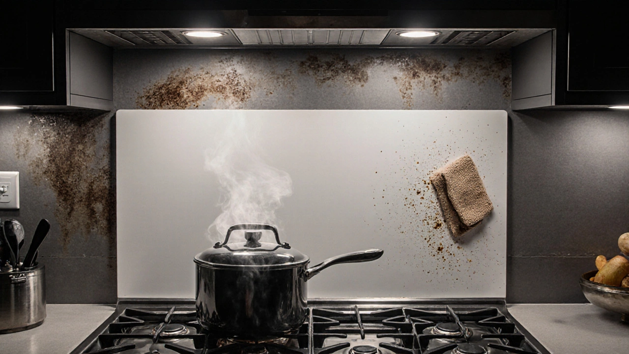 Küchenwand mit fettdichtem Wandschutzprofil hinter dem Herd, sauber und glänzend, im Gegensatz zu verschmutzten Bereichen darüber.