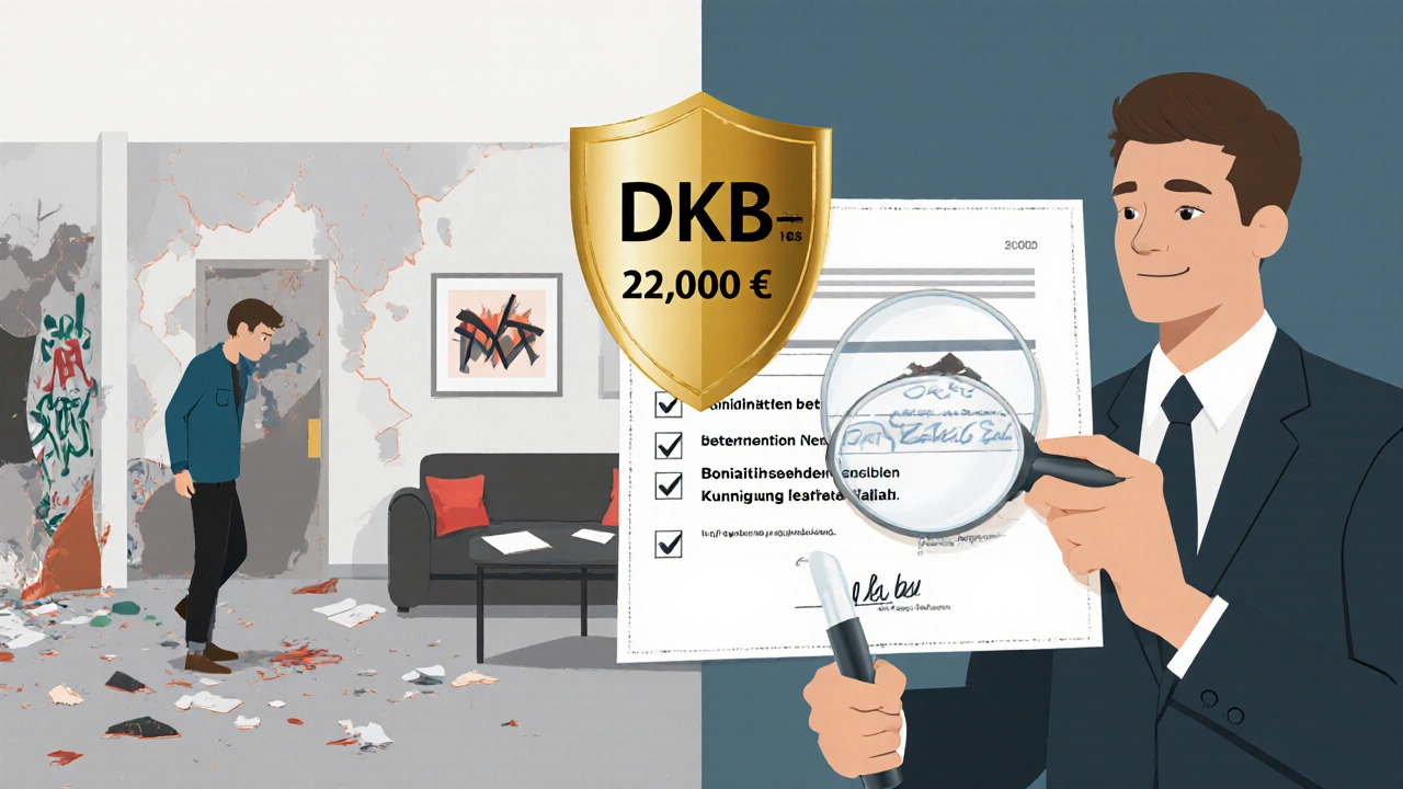 Linker Teil: beschädigte Wohnung; rechter Teil: Vermieter erhält Versicherungszahlung, dazwischen gültiger Mietvertrag.