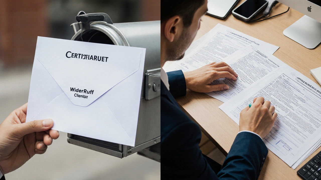 Linker Teil: Brief mit &#039;Widerruf&#039; wird in einen Briefkasten geworfen. Rechter Teil: Makler dokumentiert Vertragsunterlagen.
