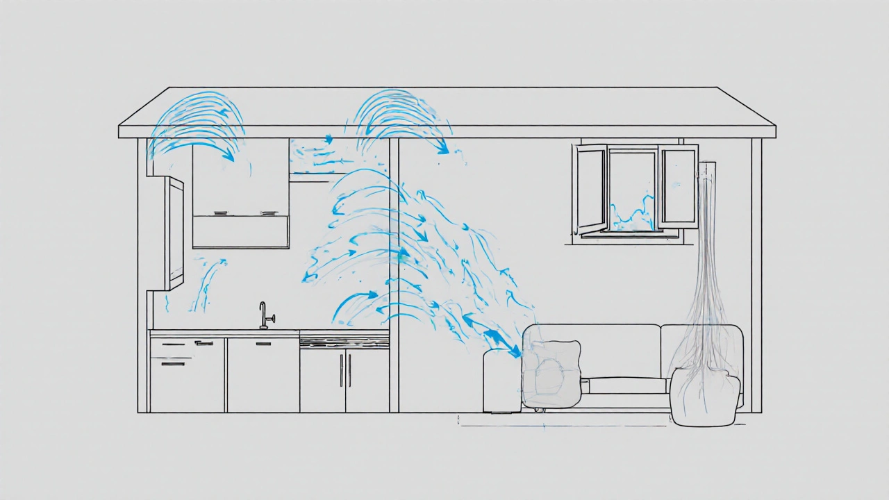 Luftströmung in einer Wohnung: Frischluft strömt durch Fensterfalzlüfter, vermischt sich mit warmer Raumluft und zieht durch geöffnetes Wohnzimmerfenster.