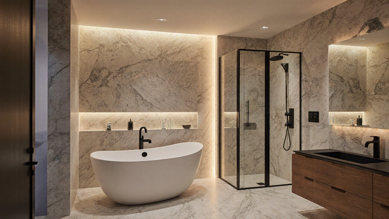 Luxuriöses Badezimmer mit Natursteinfliesen, Whirlpool-Badewanne und LED-Beleuchtung