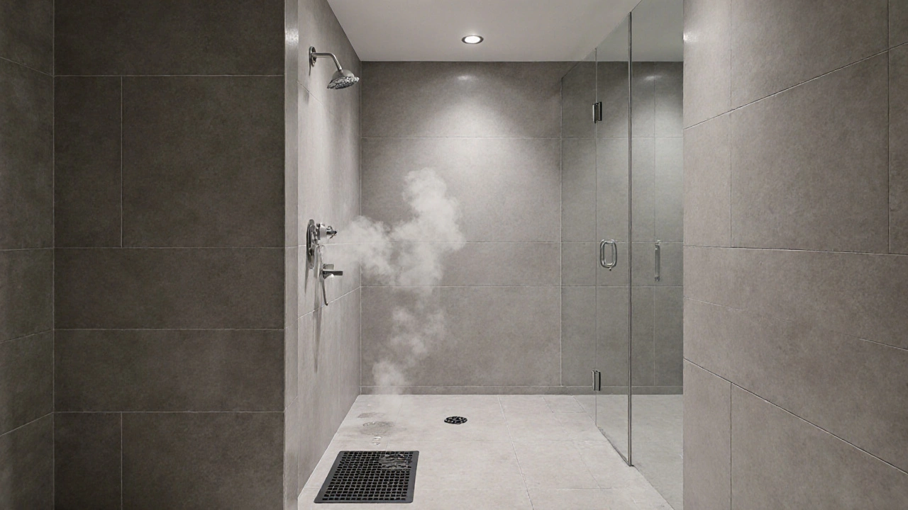 Mattierte Fliesen im Badezimmer mit feuchtem Fußabdruck und Dampf.