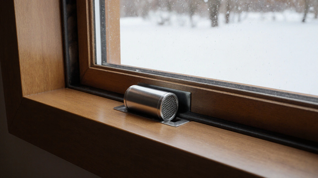 Nahaufnahme eines Fensterfalzlüfters in einem Fensterrahmen mit feinem Luftkanal und Dichtungen, kein Text oder Beschriftung.