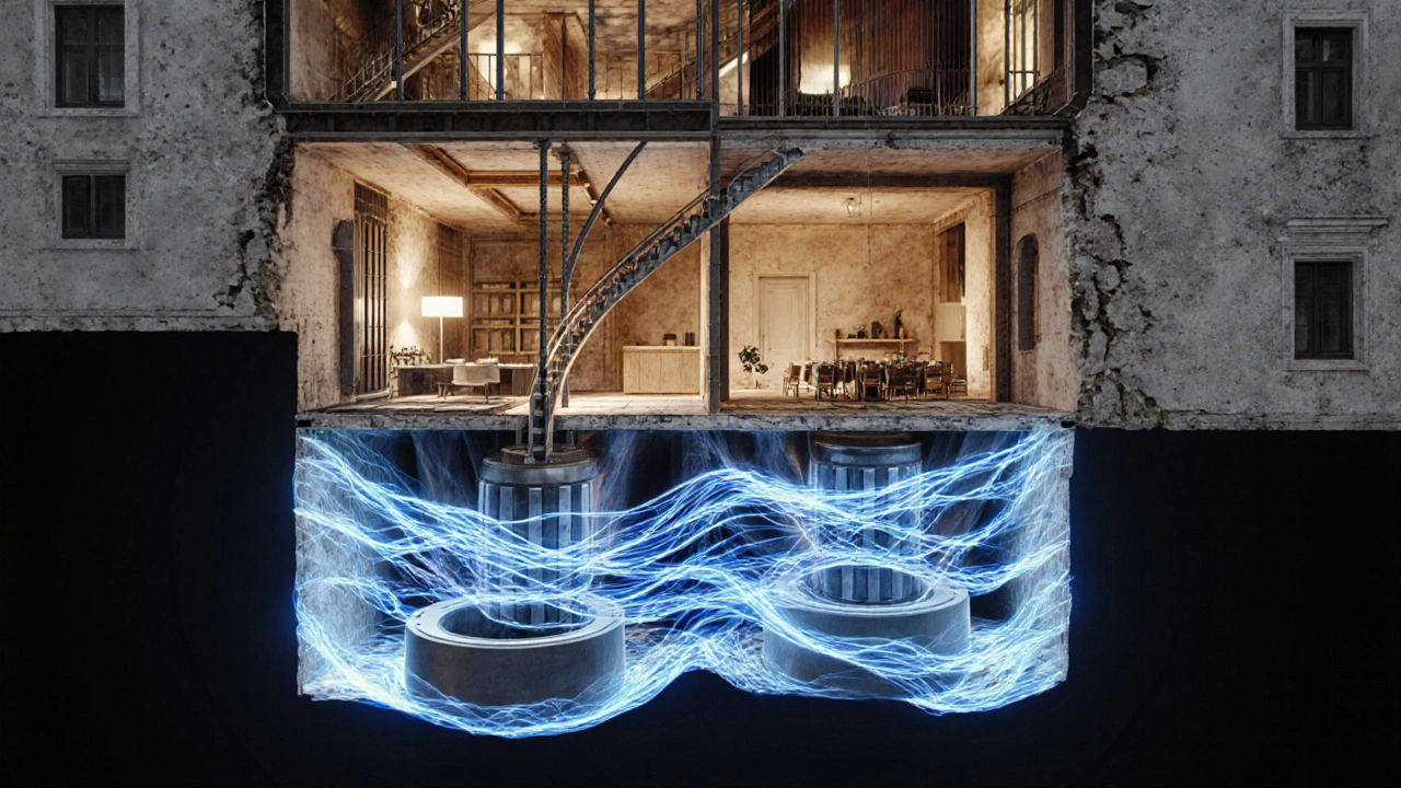 Querschnitt eines Gebäudes mit Basisisolation und elastischen Lagern unter dem Fundament.