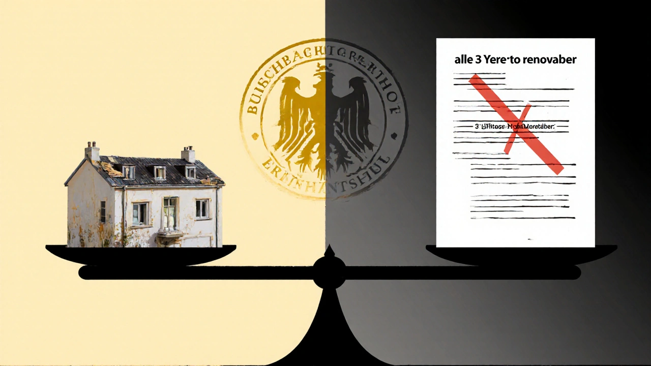 Rechtsschuppe mit abgenutzter Wohnung auf der einen und ungültiger Renovierungsklausel auf der anderen Seite.