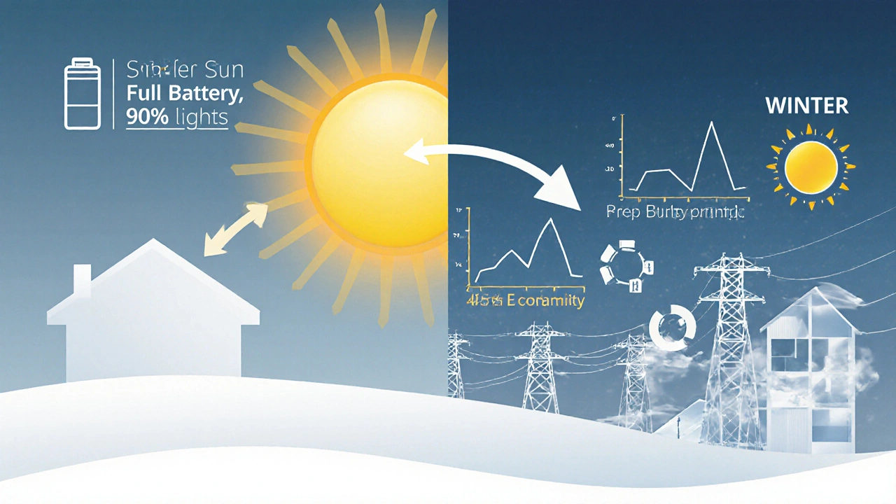 Saisonaler Vergleich von Solarertrag und Autarkiegrad im Sommer und Winter.