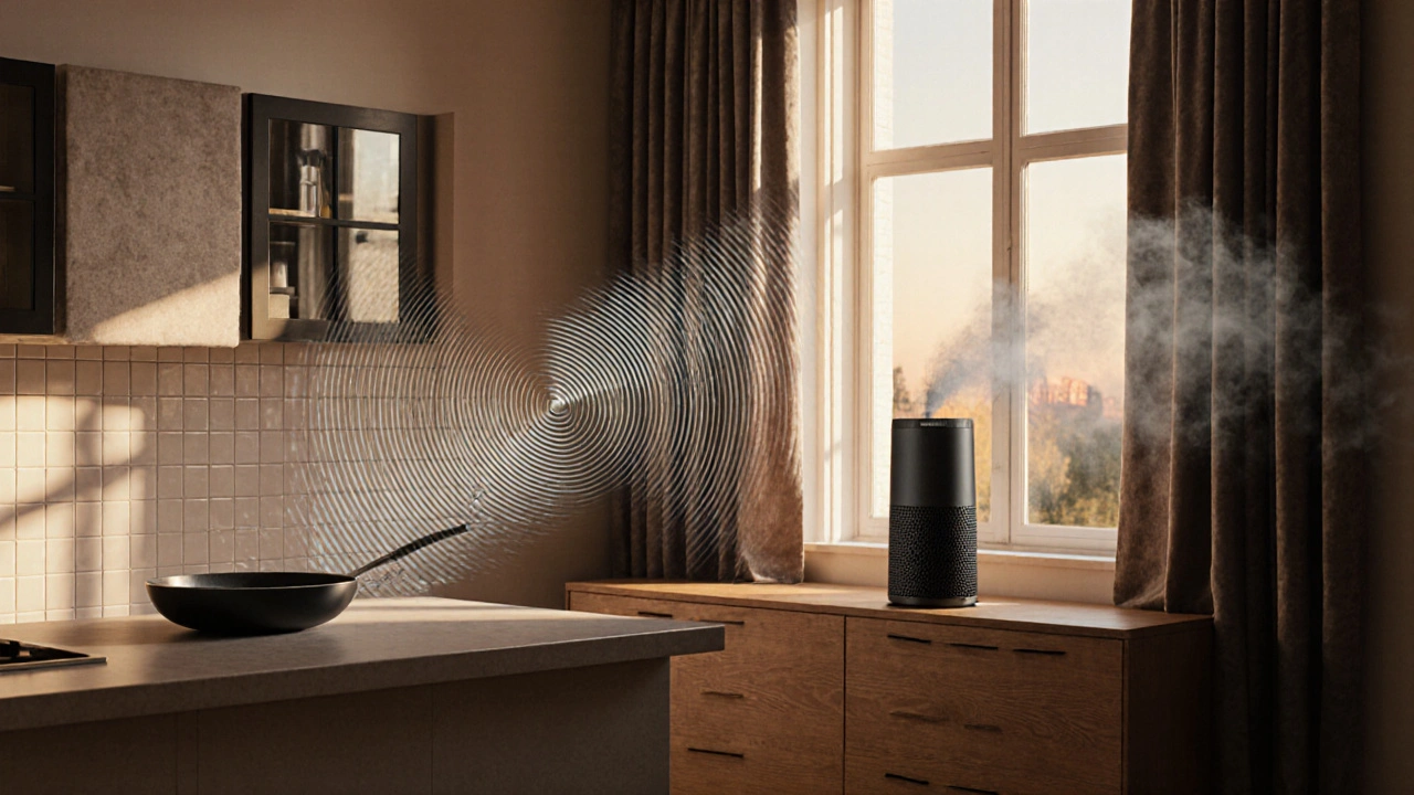 Schallwellen werden von harten Küchenoberflächen reflektiert, aber von StoffpaneeLEN und Vorhängen absorbiert.