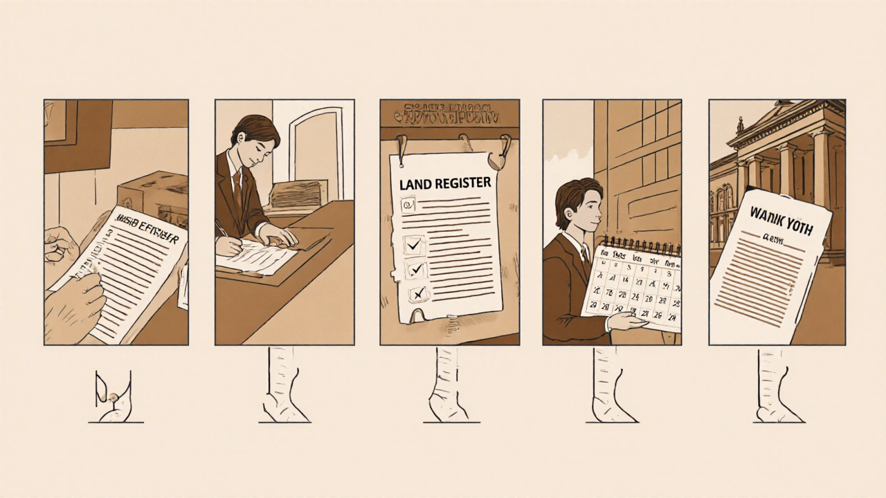 Schritt-für-Schritt-Darstellung der Löschung einer Grundschuld in fünf Szenen