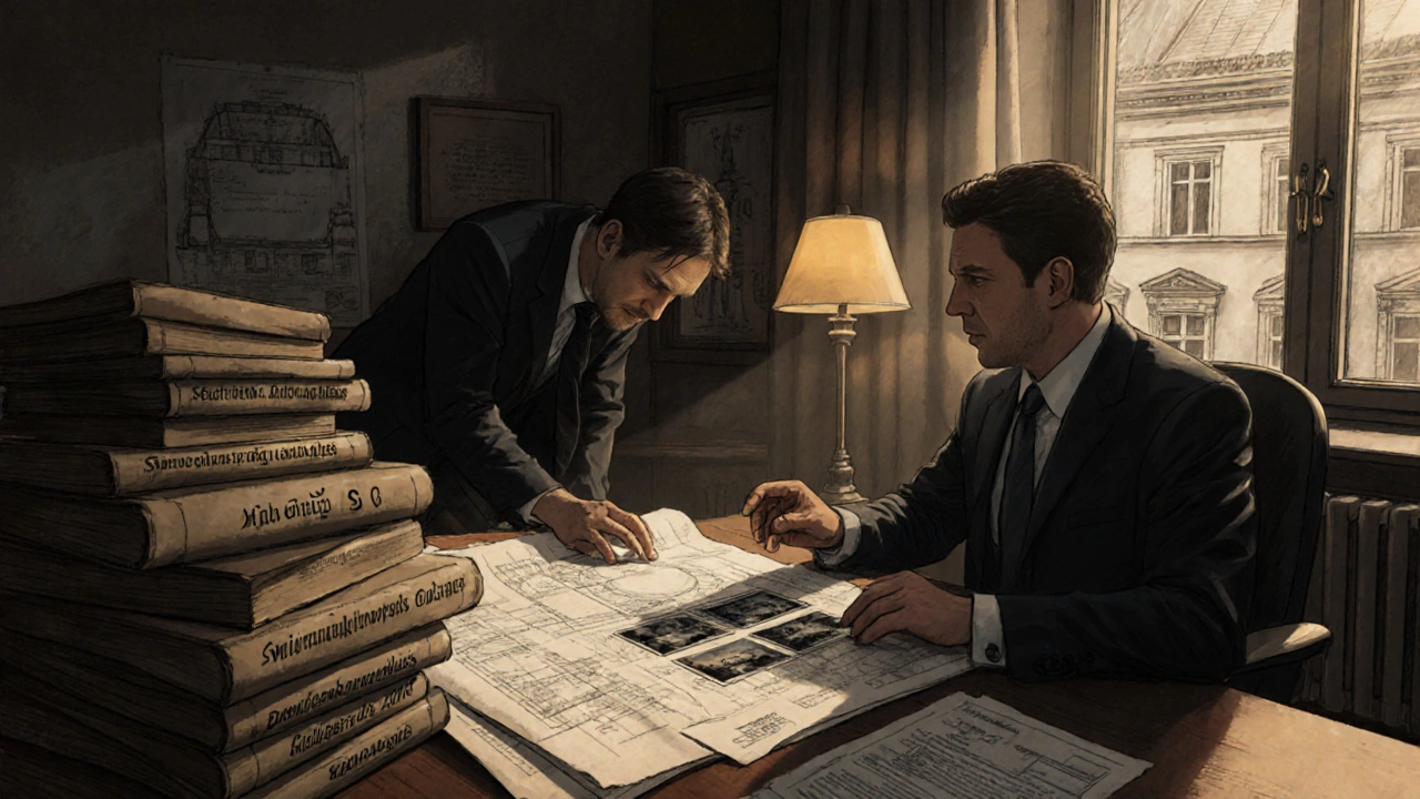 Steuerberater und Denkmalpfleger analysieren Sanierungsunterlagen in einem Büro.