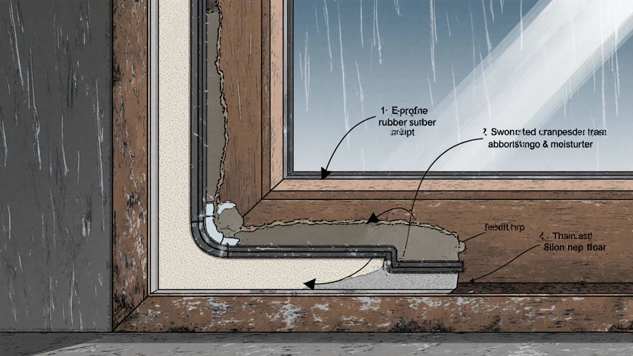 Technische Darstellung vier verschiedener Dichtungsmaterialien an einer Balkontür mit Luft- und Feuchtigkeitsströmen.