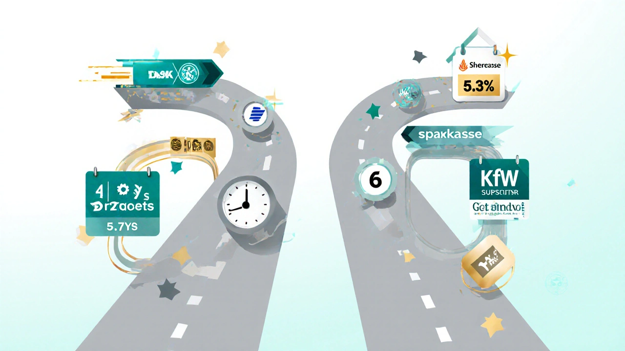 Vergleich der Finanzwege: Online-Bank mit schneller Genehmigung vs. Sparkasse mit KfW-Förderung und längeren Wartezeiten.