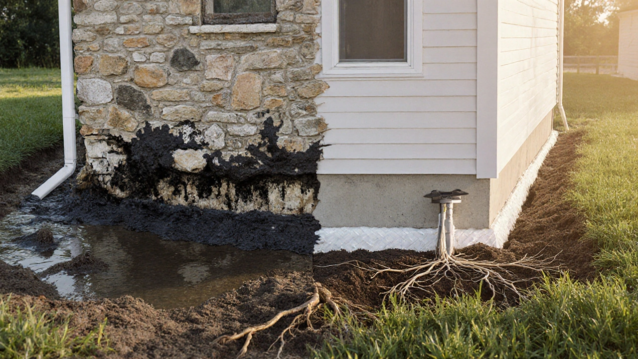 Vergleich: zerstörtes Fundament links, sanierter WU-Beton mit Abdichtung rechts.