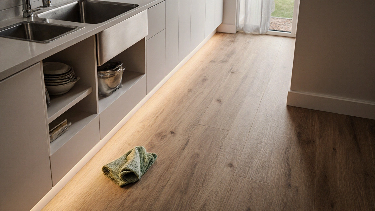 Vinylboden in einer modernen Küche, wasserresistent und leicht zu reinigen.