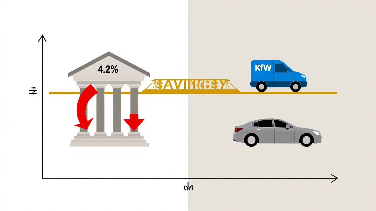 Visuelle Darstellung der Kombination aus günstigem KfW-Darlehen und teurerem Bankkredit mit Einsparungspfeilen.