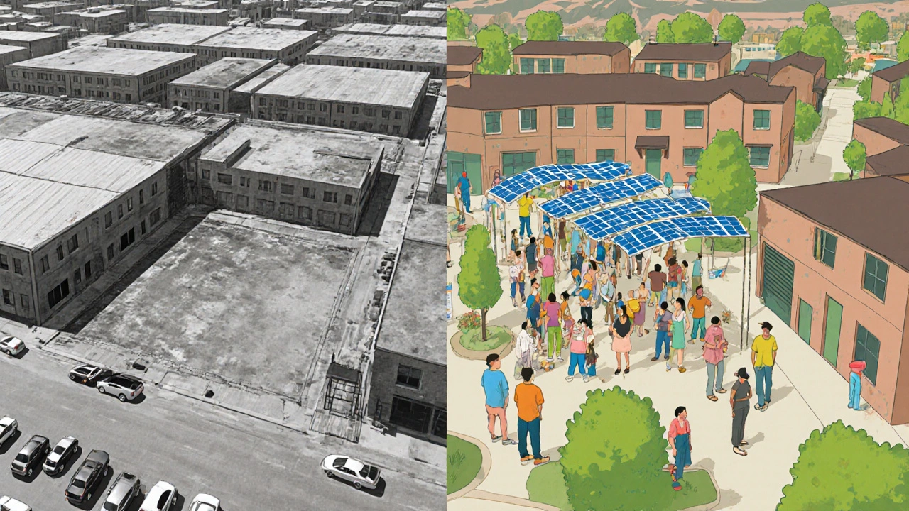 Vorher-Nachher-Darstellung eines industriellen Geländes, das in einen grünen, gemischten Stadtteil verwandelt wurde.