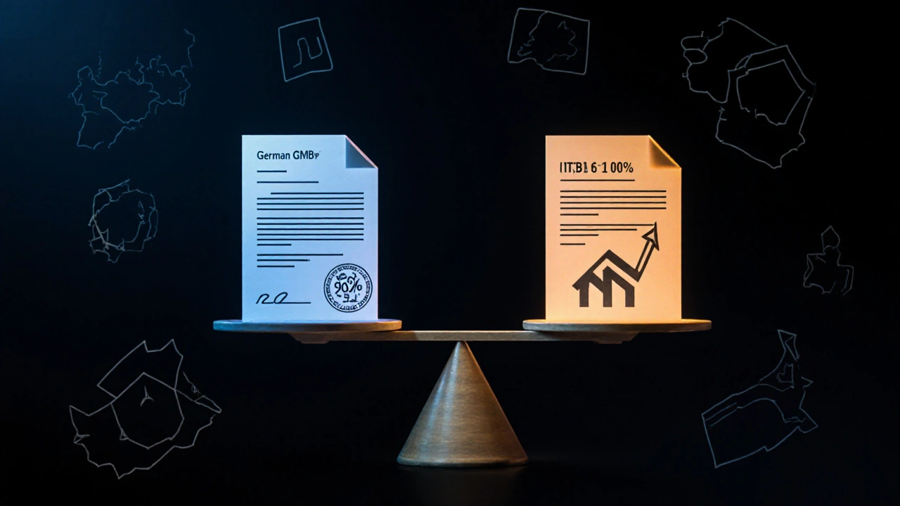 Waage mit deutscher GmbH und ausländischem Immobilienvertrag, Symbol für steuerliche Verschiebungen.