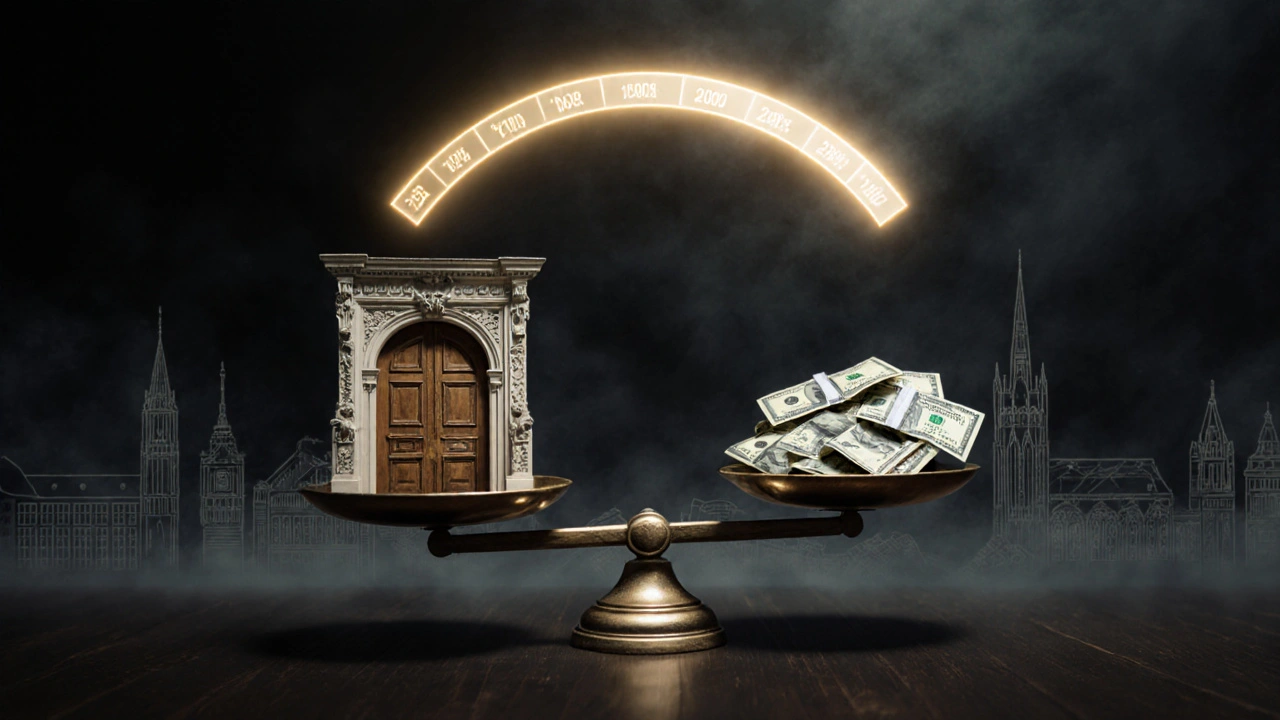 Waage mit historischem Bauteil und Steuerformularen, 12-Jahres-Zeitlinie darüber.