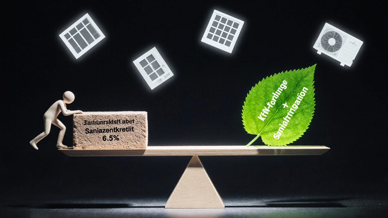 Waage mit teurem Sanierungskredit auf einer Seite und KfW-Förderung plus energetische Sanierung auf der anderen.