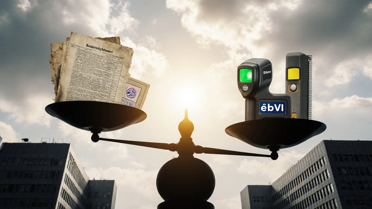 Waage mit veralteten Steuerdaten auf einer Seite, modernem Gutachten auf der anderen.