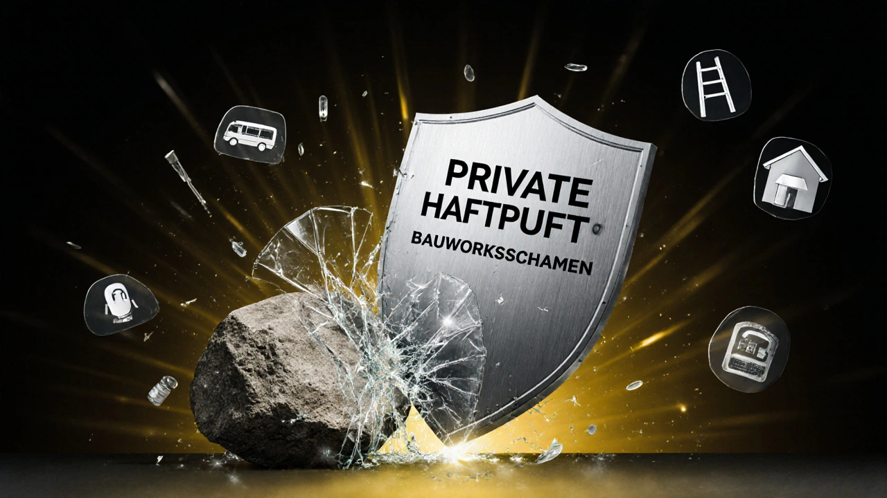 Zerbrechendes Glas-Schild für private Haftpflicht gegen stabiles Stahl-Schild für Bauherrenhaftpflicht, symbolisch dargestellt.