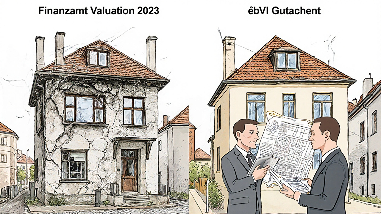 Zwei Häuser nebeneinander: eines mit Sanierungsproblemen, eines mit professioneller Bewertung.