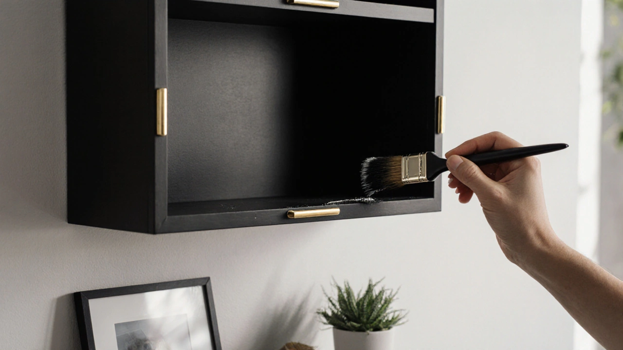 Zwei weiße IKEA PS-Schränke, die mit schwarzer Farbe und Messinggriffen zu einem Designermöbel umgewandelt werden.