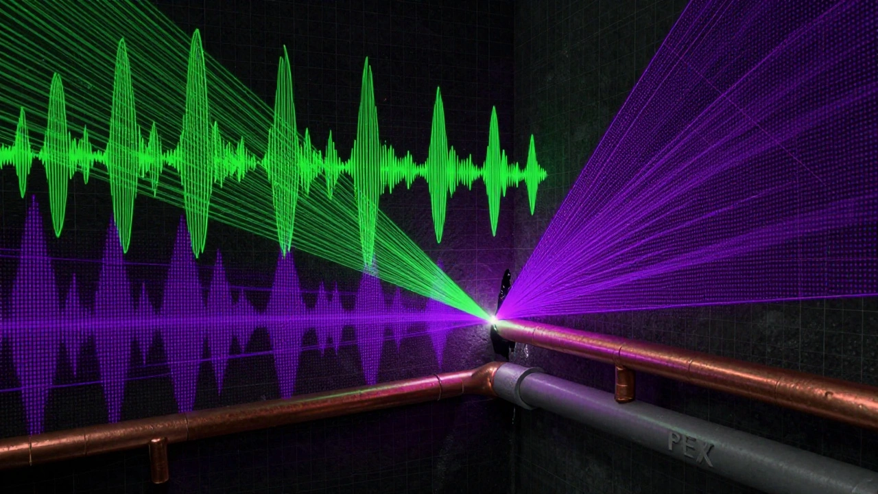 Abstrakte Darstellung akustischer und mikrowellener Daten, die sich an einer Leckstelle treffen.