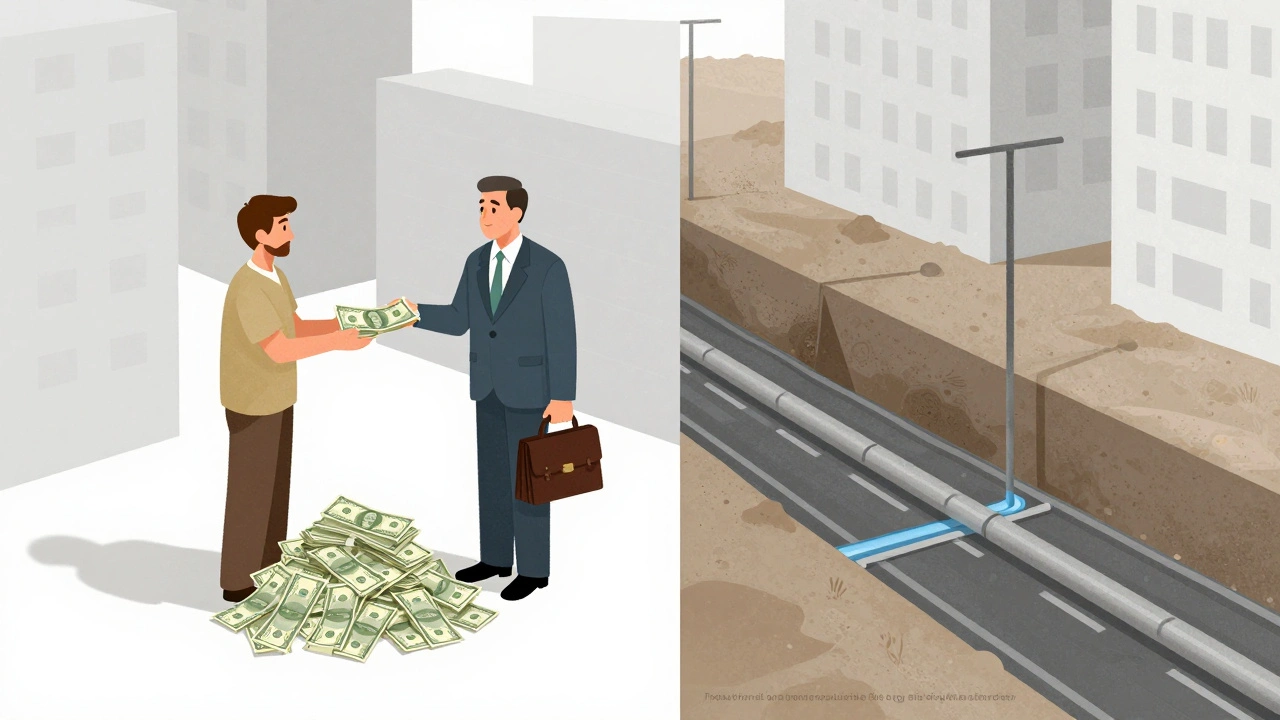 Aufteilung der Erschließungskosten: 90 % vom Grundstückseigentümer, 10 % von der Gemeinde, dargestellt als symbolische Zahlungsszene.