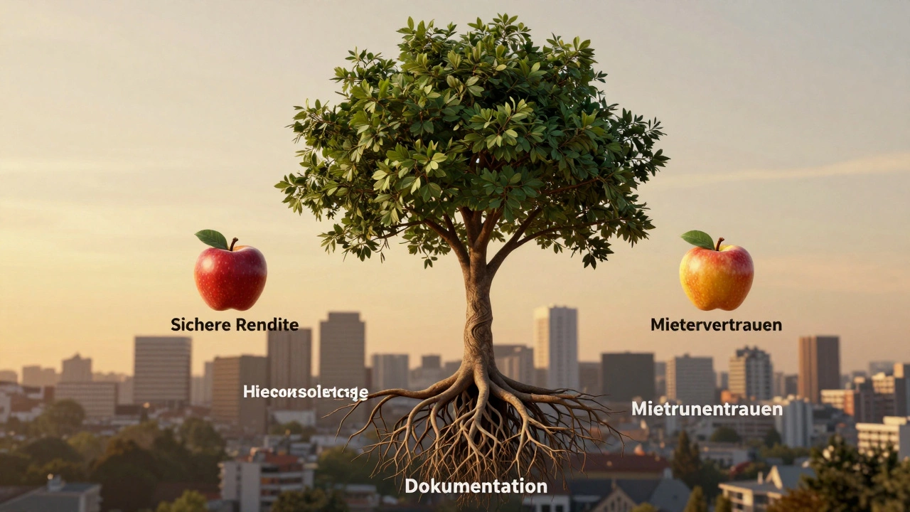 Baum mit Wurzeln aus Mietrecht, Früchte mit sicheren Renditen, urbaner Hintergrund.