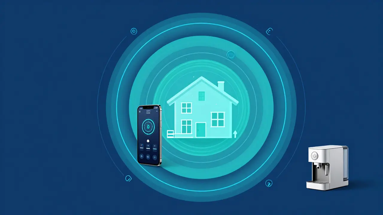 Digitale Darstellung von Geofencing-Zonen um ein Haus mit zwei Handys, die Ankunft und Abwesenheit auslösen.