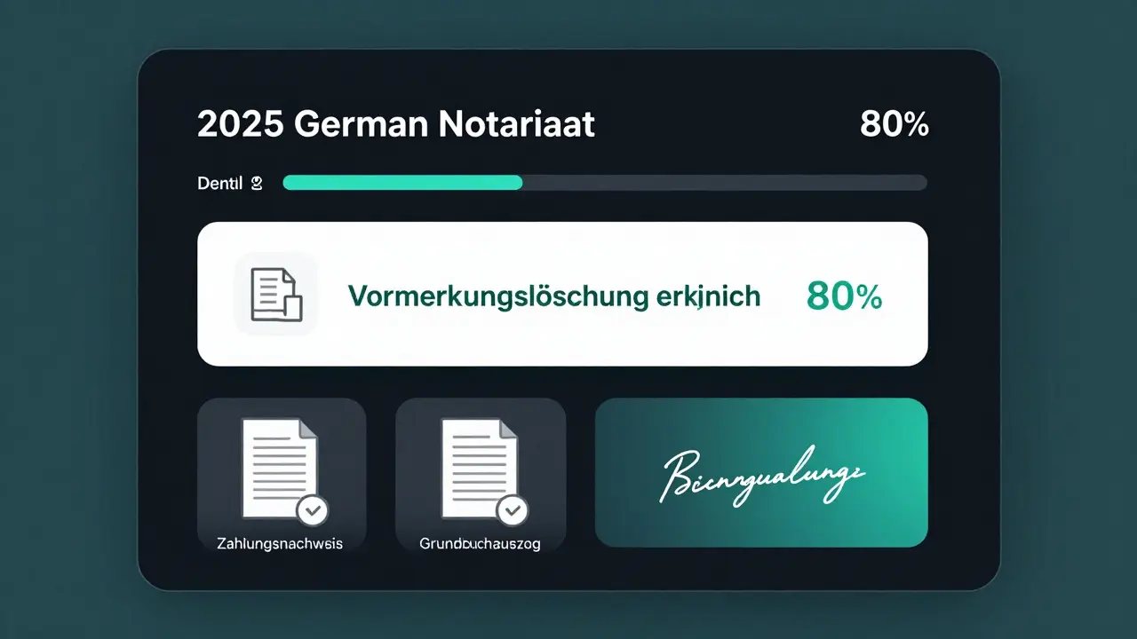 Digitales Portal zeigt Fortschritt der Vormerkungslöschung mit hochgeladenen Dokumenten und digitaler Notarunterschrift.