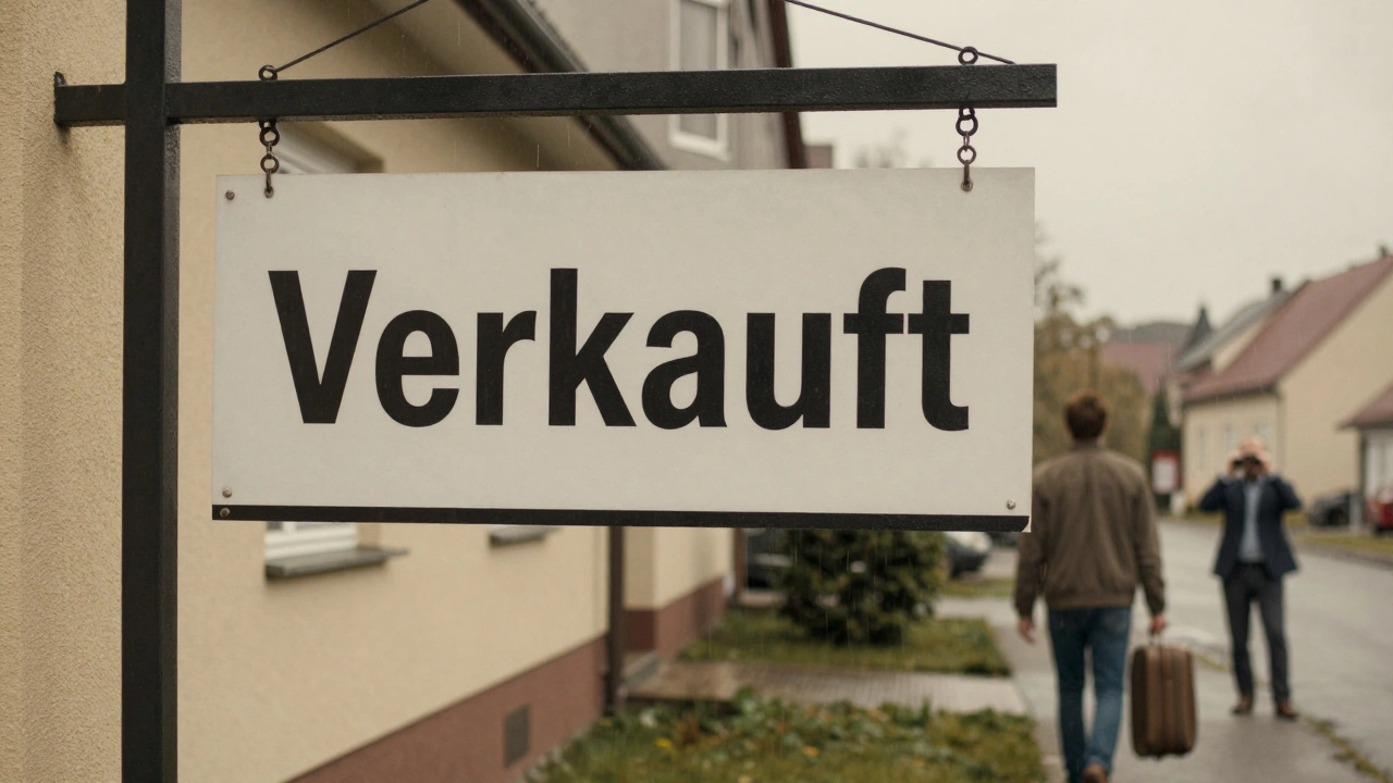 Ein &#039;Verkauft&#039;-Schild vor einem Wohnhaus in Graz, ein Mieter geht mit Koffer, ein Investor schaut zu — verpasste Chance.