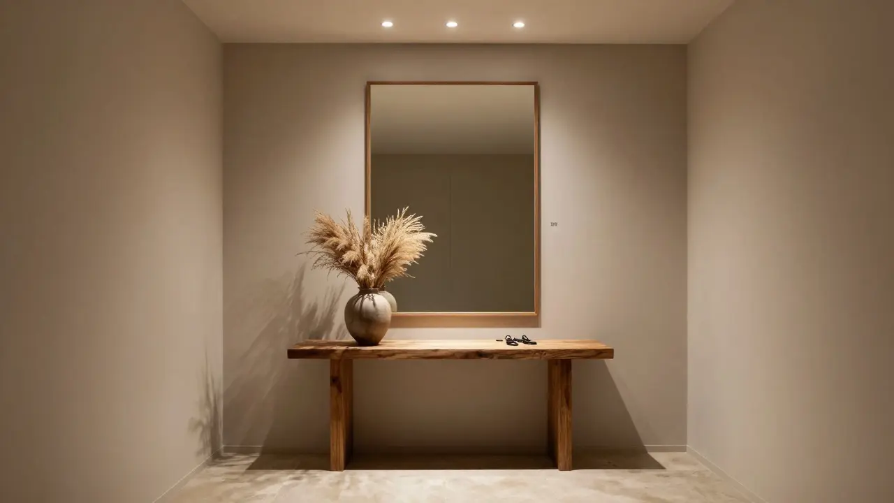 Ein Flur mit einem großen Spiegel und einer massiven Ablage, ohne Unordnung – nur ein einziger Vasenakzent im Zentrum.