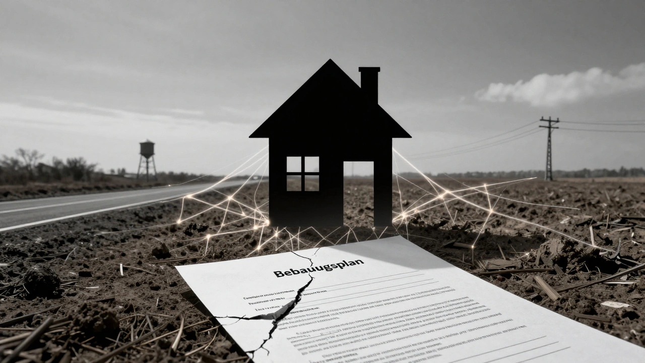 Ein Haus ist nur durch fragile Leitungen mit Infrastruktur verbunden, während ein rechtlicher Plan am Boden liegt.