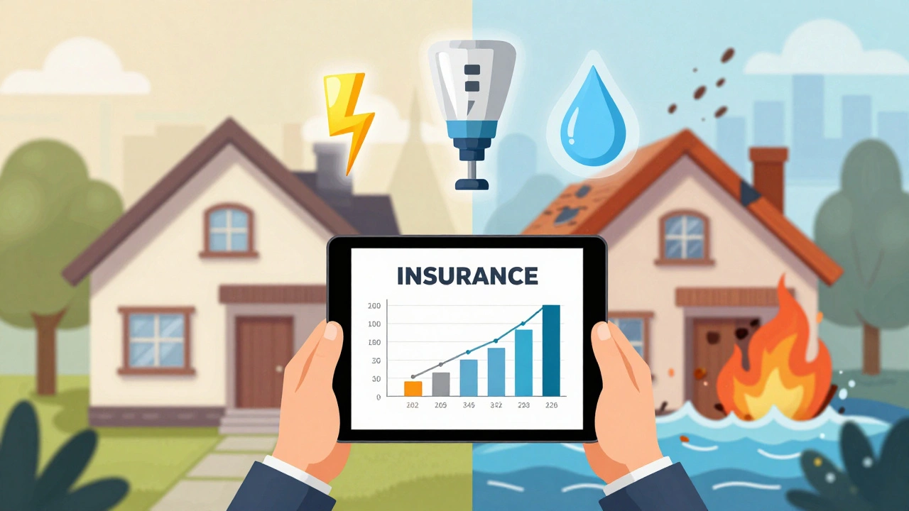 Ein Hausbesitzer vergleicht Versicherungstarife auf einem Tablet, während Symbole für Sturm, Wasser und Hochwasser über ihm schweben.