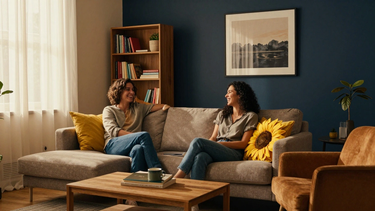 Ein Wohnzimmer mit 60-30-10-Farbkomposition: Beige Wände, dunkelblaue Akzentwand und gelbe Kissen in warmem Licht.