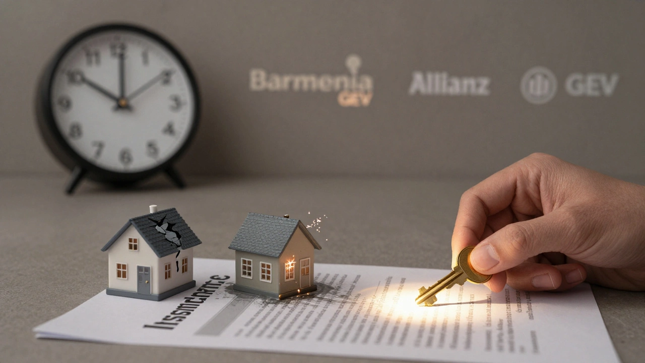 Eine Hand unterschreibt eine Versicherungspolice, aus der Tropfen und Symbole für Schäden erwachsen, während eine goldene Schlüssel auf dem Papier liegt.