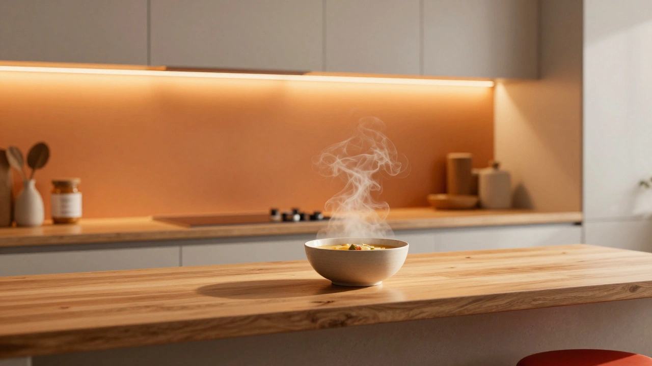 Eine Küche mit orangefarbenem Rückwand-Panel, warmem Licht und holzigen Oberflächen, ein dampfender Teller auf der Theke.