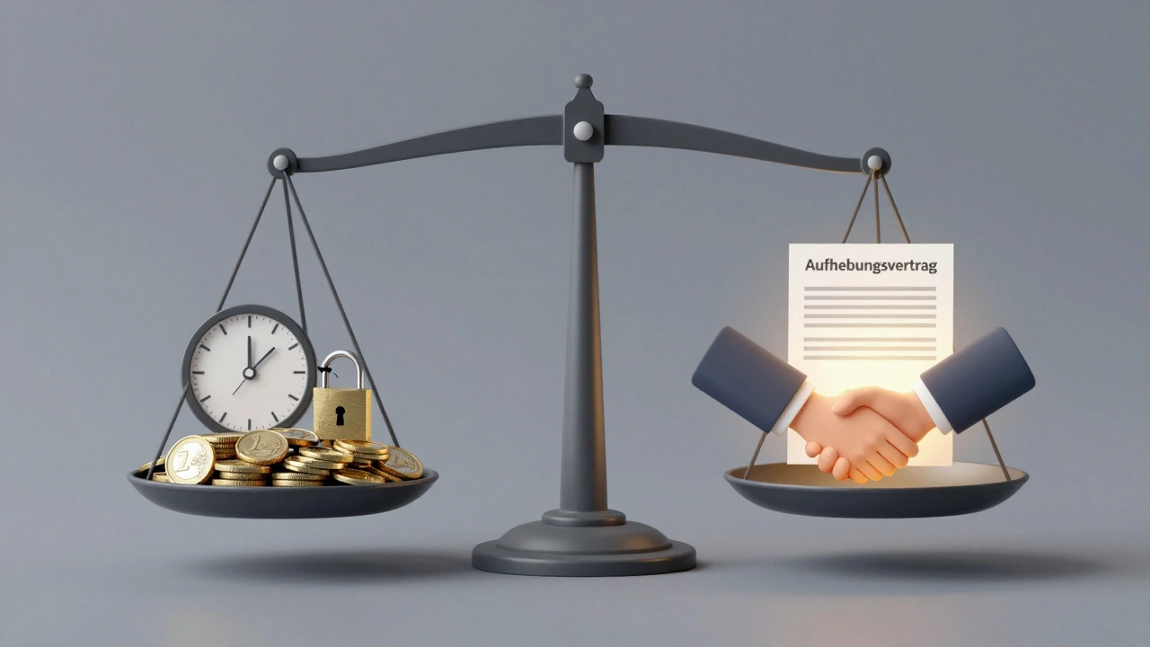 Eine Waage vergleicht die Kosten einer Räumungsklage mit einer freiwilligen Einigung zwischen Vermieter und Mieter.