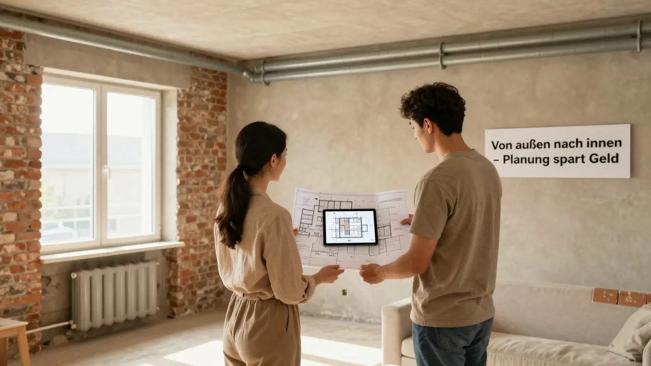 Familie mit Renovierungsplänen in halbfertigem Wohnzimmer, neue Fenster und Heizungsrohre sichtbar, Sonnenlicht strömt herein.
