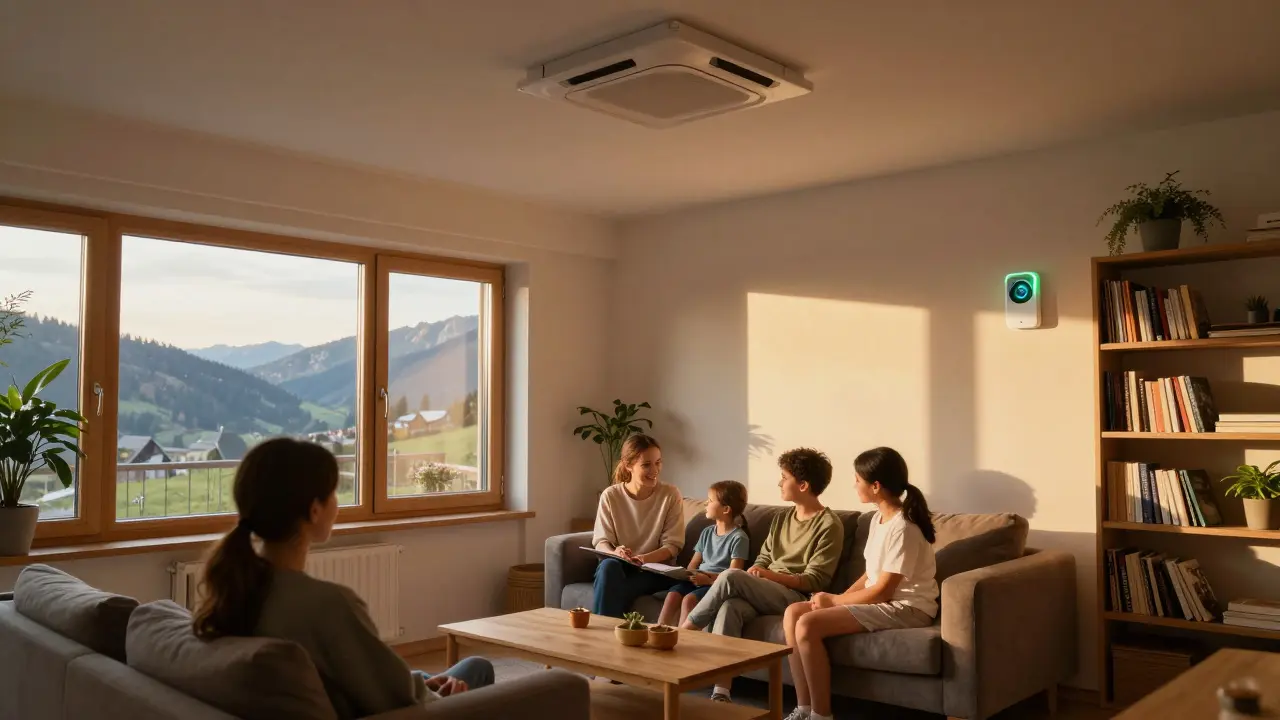 Gemütliches Wohnzimmer in einem luftdichten Haus bei Abendlicht, ohne Zugluft, mit Lüftungsanlage und gleichmäßiger Wärme.
