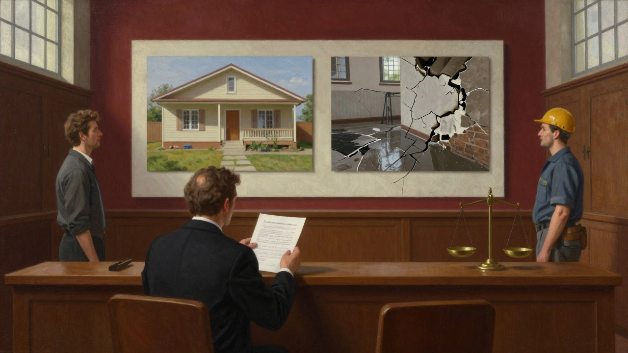 Gerichtssaal mit vorher-nachher-Fotos eines Schadens, Richter prüft Beweise.