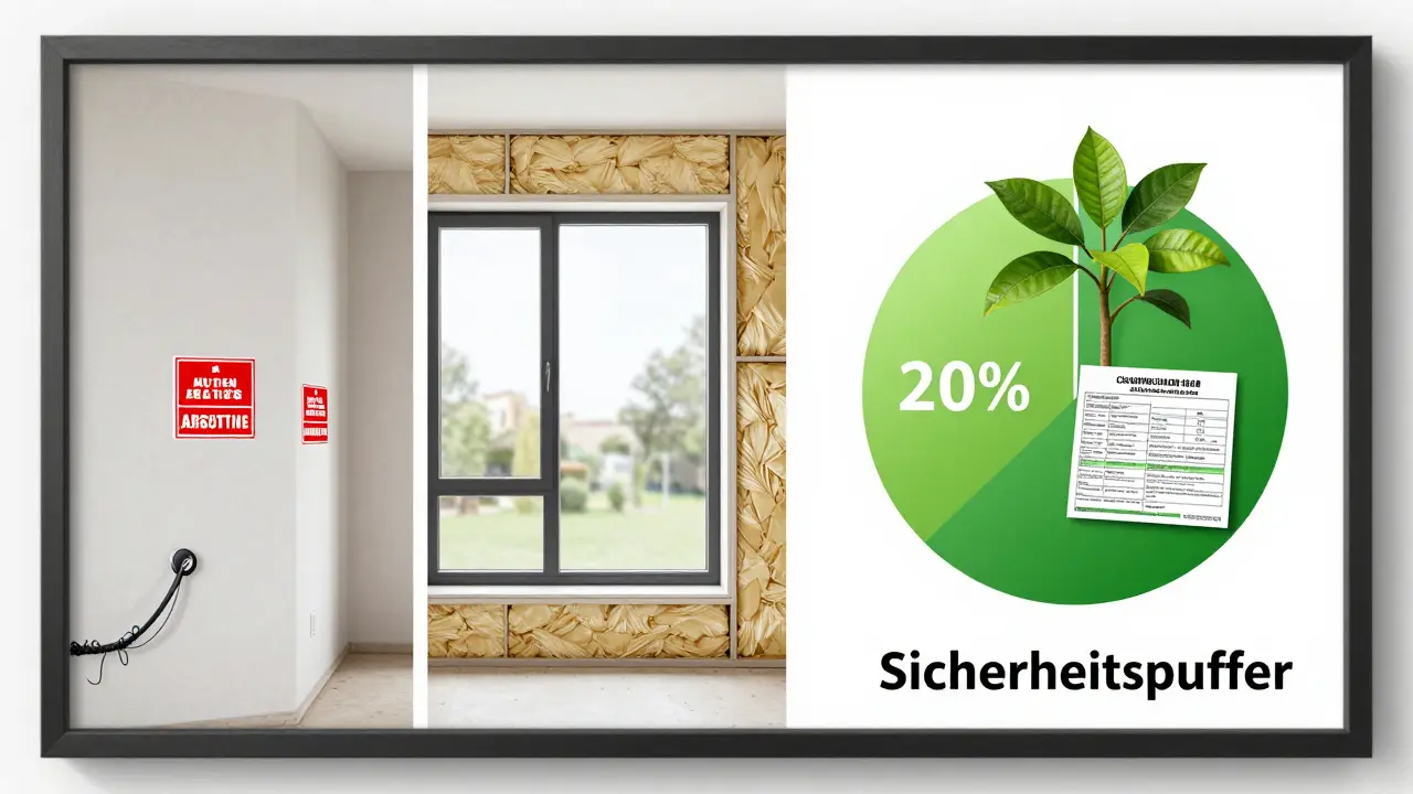 Haus in drei Zonen: gefährliche Altbau-Elemente, moderne Sanierung, staatliche Förderung als wachsender Geldbaum.