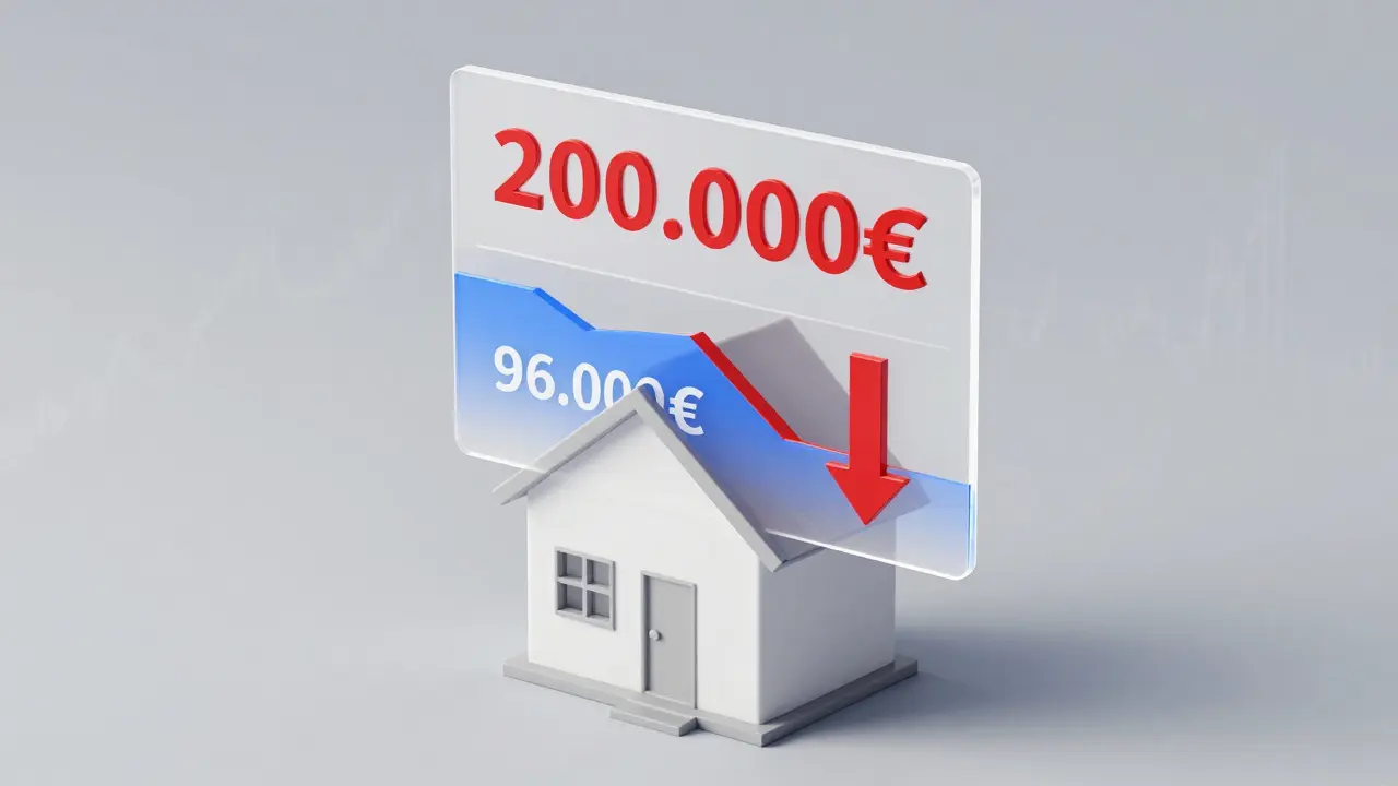 Haus mit überlagerten Grundschulden in Rot und Blau, Wert der Immobilie sinkt unter die Gesamtbelastung.