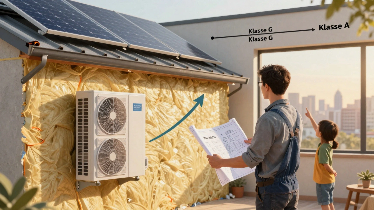 Hausbesitzer renoviert Immobilie mit Dämmung, Wärmepumpe und Solaranlage, während der Wert steigt.