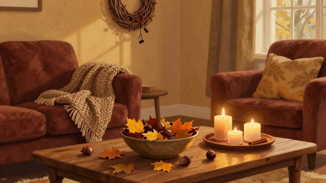 Herbstliches Wohnzimmer mit Kastanien, Laub und Kerzen auf Holztisch, wärmenden Textilien und gedämpftem Licht.