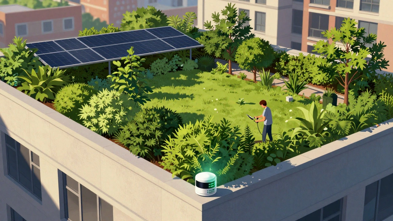 Intensiv begrüntes Dach mit Sträuchern, Rasen und einer Person, die Pflanzen pflegt, mit Sensoren und Solarpanelen im Hintergrund.