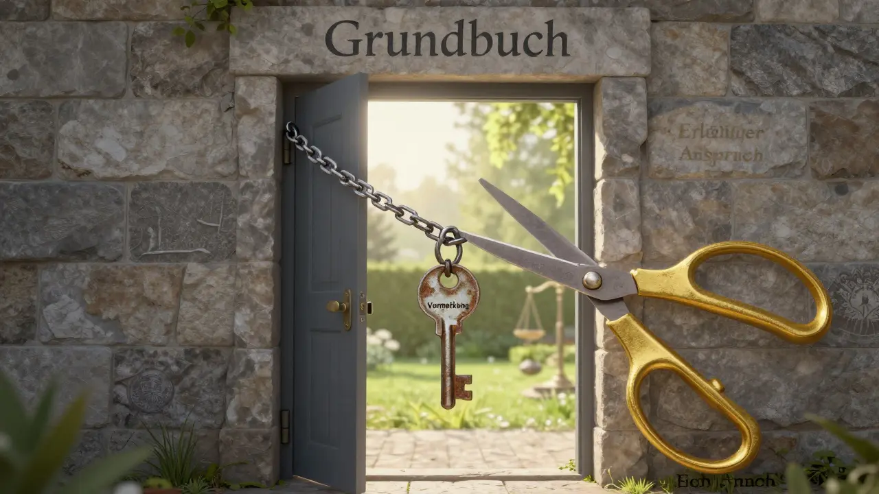 Rostiger Schlüssel 'Vormerkung' wird durch goldene Scheren geschnitten, hinter der Tür liegt freies Grundstück.